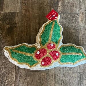 Christmas  Pillow with Green and Red Beading-NWT